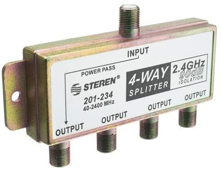 STEREN 4-Way 2.4GHz 90dB 1 Port Power Pass DC Passing On One Port F-Pin Coaxial Splitter