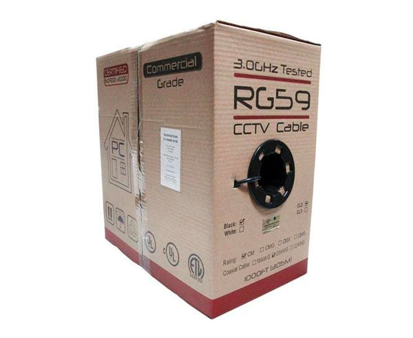 RG59 Coaxial Cable - CCTV - 20 AWG BC, 95% CCA Braid Shielding, 1000ft, Black or White