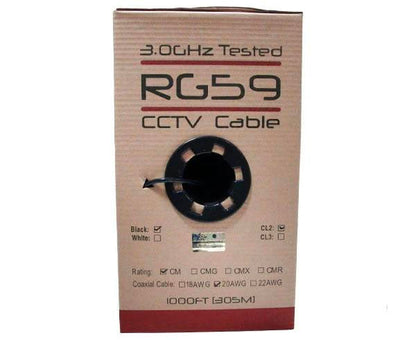 RG59 Coaxial Cable - CCTV - 20 AWG BC, 95% CCA Braid Shielding, 1000ft, Black or White