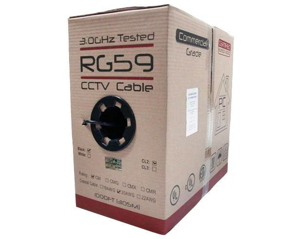 RG59 Coaxial Cable - CCTV - 20 AWG BC, 95% CCA Braid Shielding, 1000ft, Black or White