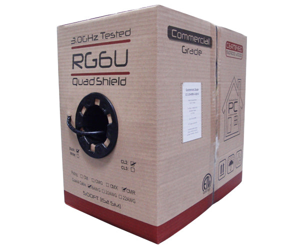 RG6, Coaxial Cable, Quad Shielded Riser CMR, 18 AWG Solid CCS Conductor, AL Foil Shield, 60%/40% Aluminum Braid Shield, 1,000'