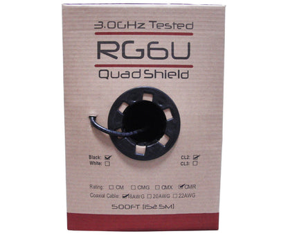 RG6, Coaxial Cable, Quad Shielded Riser CMR, 18 AWG Solid CCS Conductor, AL Foil Shield, 60%/40% Aluminum Braid Shield, 1,000'