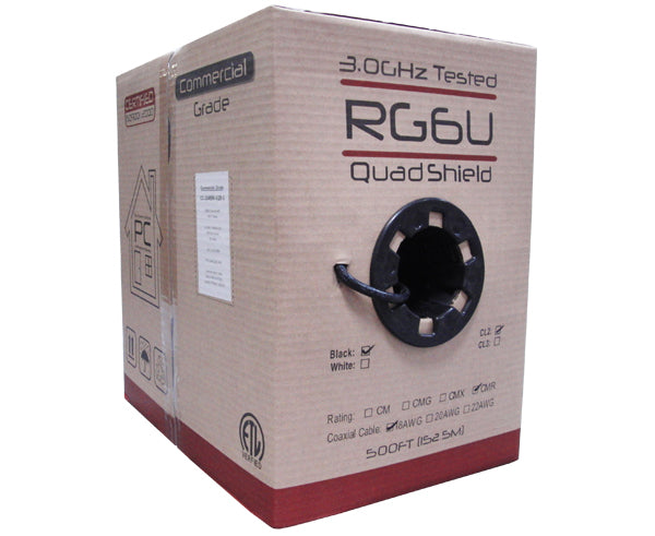 RG6, Coaxial Cable, Quad Shielded Riser CMR, 18 AWG Solid CCS Conductor, AL Foil Shield, 60%/40% Aluminum Braid Shield, 1,000'