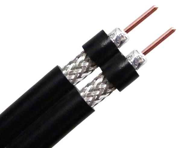 Dual RG6 Riser CMR Coaxial Cable, 100% AL Foil, 60% AL Wire Braid, 18 AWG CCS, Black, 229FT