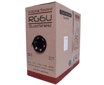 RG6 Coaxial Cable, CATV Quad Shield Riser CMR, 18 AWG BC, 100% AL Foil Shield, 60%/40% AL Braid, 1,000'