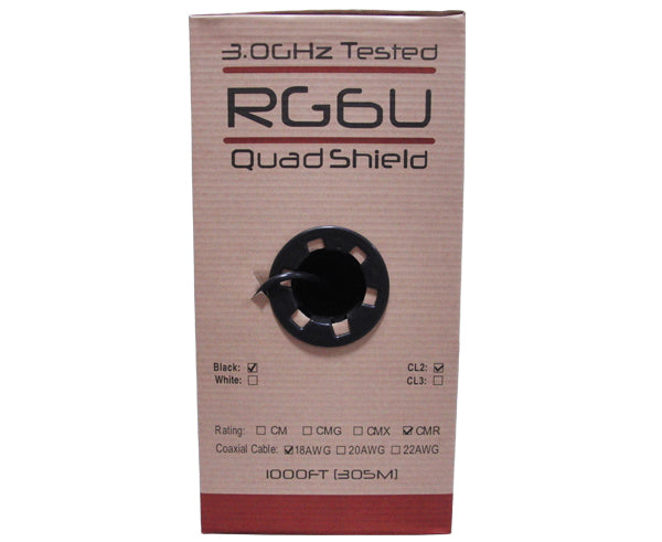 RG6 Coaxial Cable, CATV Quad Shield Riser CMR, 18 AWG BC, 100% AL Foil Shield, 60%/40% AL Braid, 1,000'