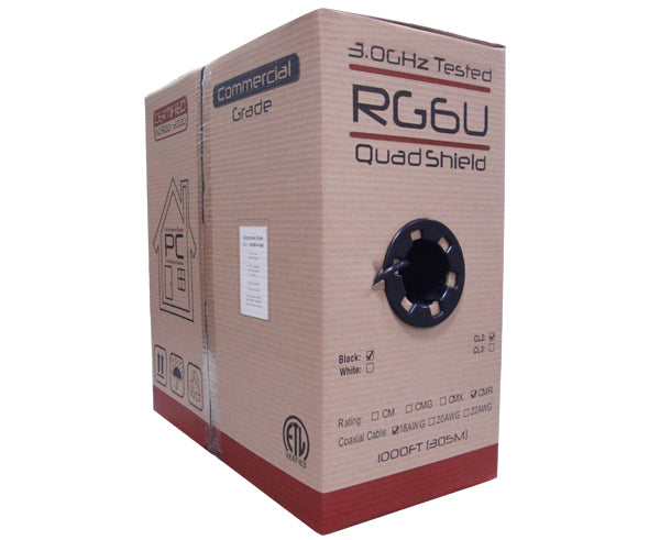 RG6 Coaxial Cable, CATV Quad Shield Riser CMR, 18 AWG BC, 100% AL Foil Shield, 60%/40% AL Braid, 1,000'