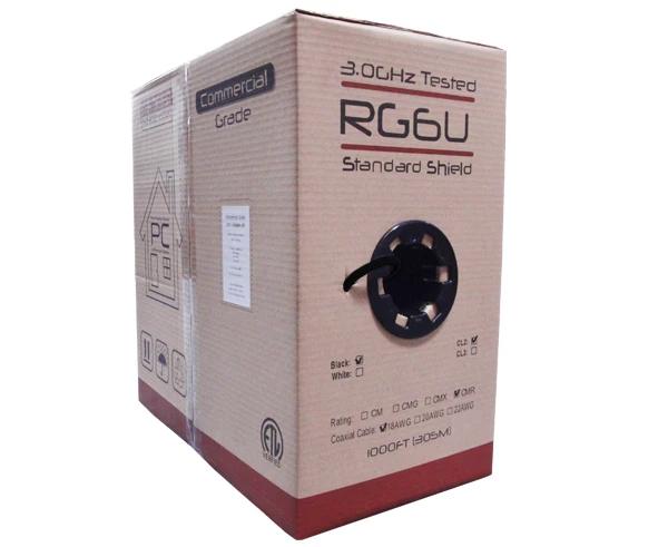 RG6 Coaxial Cable, Dual Shielded Riser CMR, 18 AWG BC, 100% Bonded AL Foil + 60% AL Braid, 1,000ft, Black or White