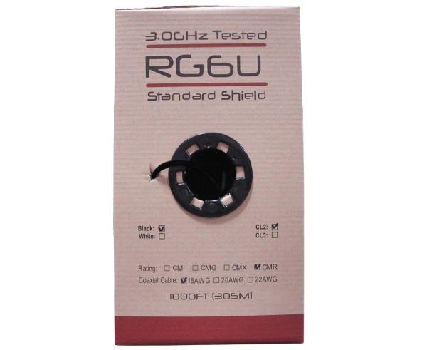 RG6 Coaxial Cable, Dual Shielded Riser CMR, 18 AWG BC, 100% Bonded AL Foil + 60% AL Braid, 1,000ft, Black or White