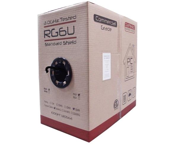 RG6 Coaxial Cable, Dual Shielded Riser CMR, 18 AWG BC, 100% Bonded AL Foil + 60% AL Braid, 1,000ft, Black or White