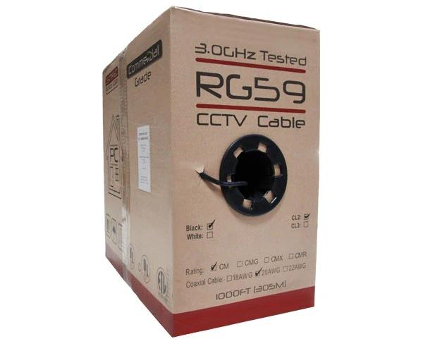 RG59 Coaxial Cable - CCTV - 20 AWG BC, 95% BC Braid Shielding, 1000ft, Black