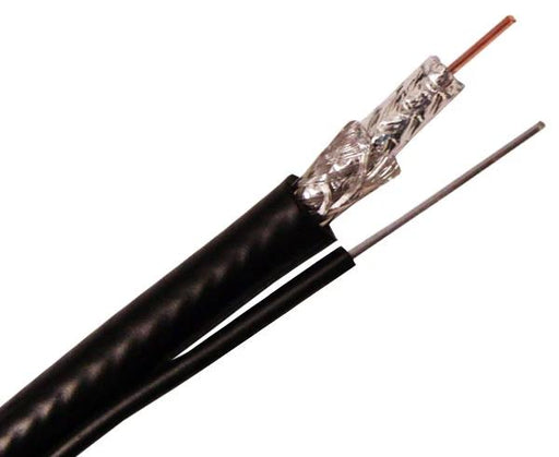 RG6 Coaxial Cable, Dual Shield, CMR, Galvanized Steel Messenger Wire, 18 AWG CCS, AL Foil / 60% AL Wire Braid, Outdoor Aerial, 1,000', Black