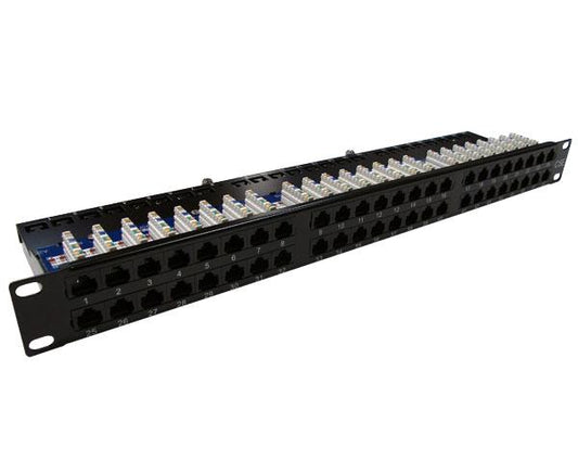 CAT5E Patch Panel, 48 port, 1U High Density, Strain Relief Support Bar