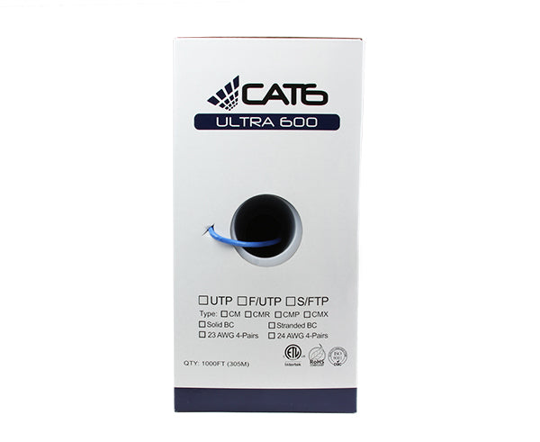 CAT6 Bulk Stranded Ethernet Cable, Bare Copper UTP CM, 24 AWG with Spline - 1000FT Blue